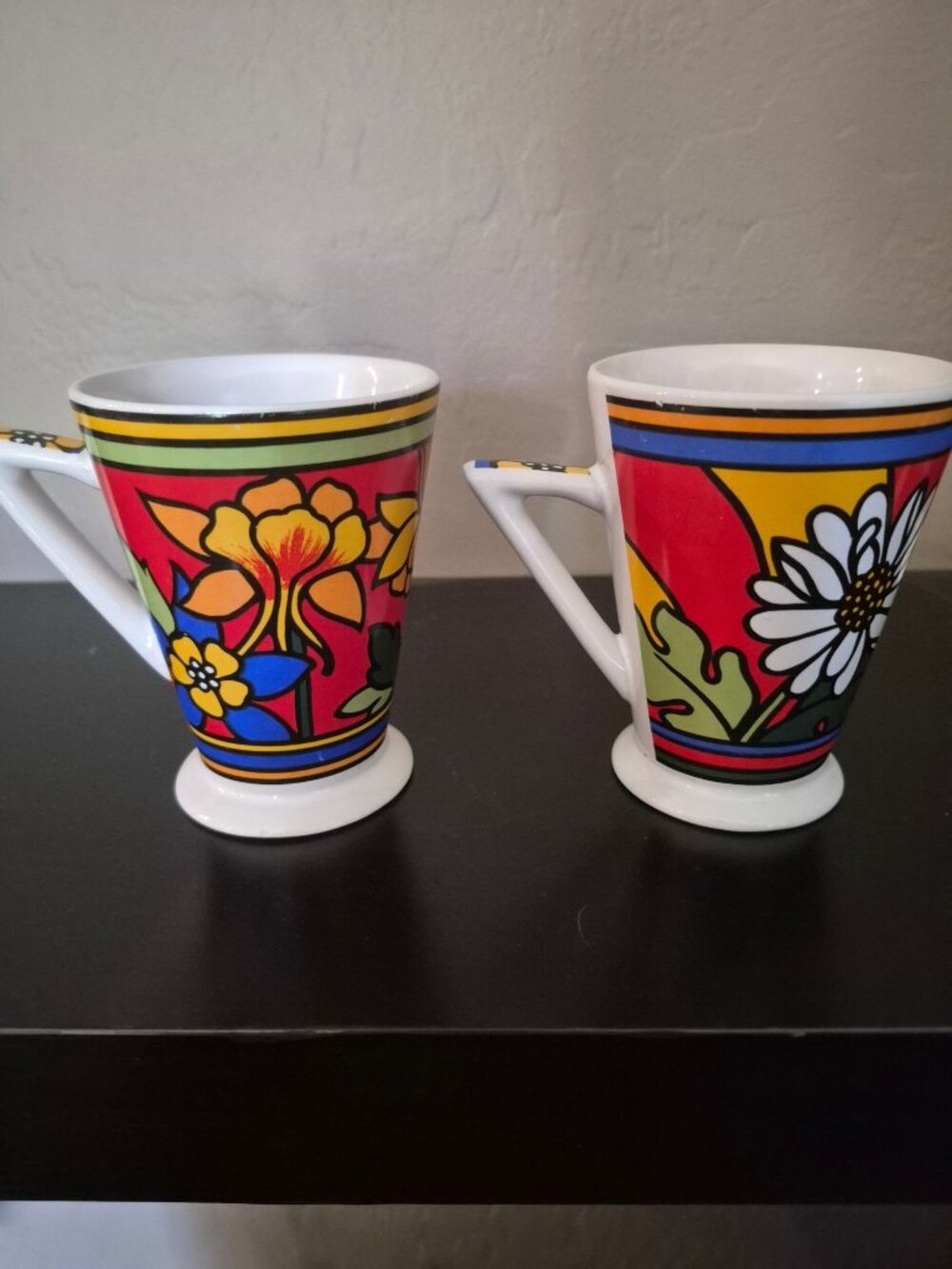 Colorful Ceramic Floral Coffee Mugs Set Of 2 8 Oz Vintage Unique Handle Design